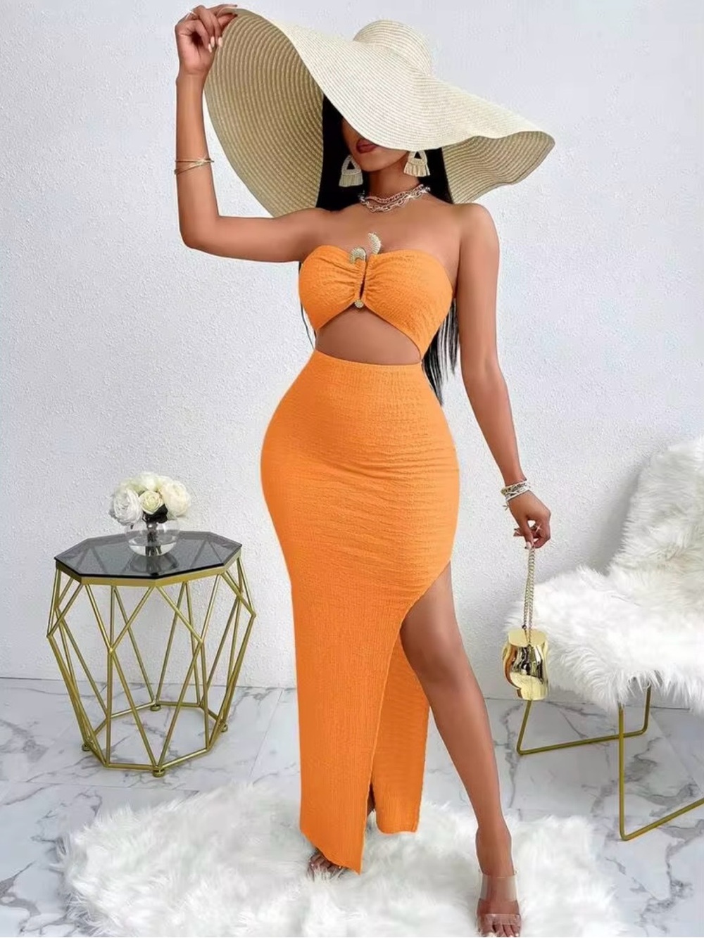 SHEIN Orange Strapless Cutout Maxi Skirt Set